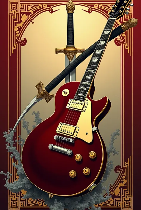  design a card game with the main theme of Gibsons burgundy Les Paul tilted diagonally to the right、Add an image of a sword to the background and 、 design in the style of Chinese element cards .  background theme gold and silver . 