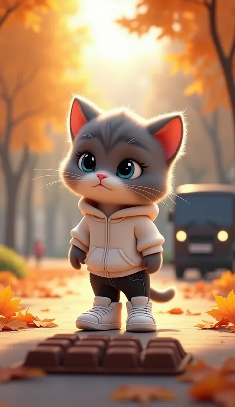 "Create an animated illustration of a cute kitten with gray and white fur wearing a white hoodie, black long jeans, white Jordan shoes, and a red backpack. Stand up, because you find several chocolate bars arranged neatly in a row on the path surrounded by...