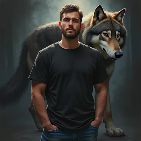 comical character of a 26 years old man wearing denim, black shirt, round face, soft beard, short beard, colour pencil painting, a wolf spirit in the background, focus, dark theme, award winning painting, hd resolution, 4k