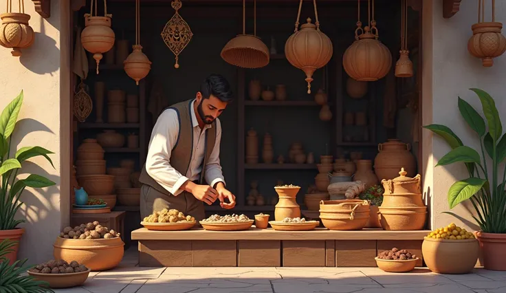 Image Prompt:** Arjun organizing his small stall, placing a few high-quality goods carefully. The items are beautifully displayed, and Arjun is placing them with care. There is an air of simplicity but elegance in the stall setup, with a focus on quality o...