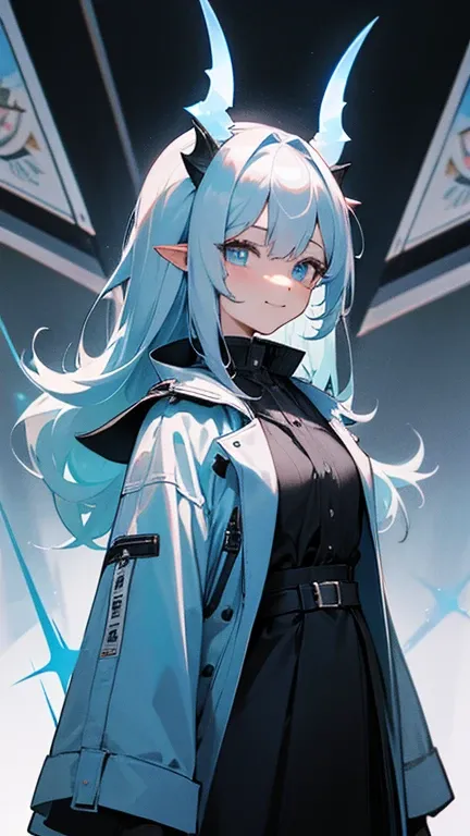 Im a woman in her 20s with long gray hair。Her eyes are light blue.、 horns grow from the side of the head 、Overall its light blue 。 and the hair is not gathered together。The face is smiling 。 Wear a black inner layer for the outfit、The jacket is a shiny lig...