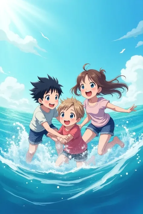 Anime garçon 12 ans cheuveux noir yeux bleu avec son ami de peau noir 12 ans cheuveux noir yeux marron avec une fille 12 ans anime cheuveux châtain clair yeux bleu qui est également leurs amie et qui samuse tous ensemble dans la mer avec les vagues 