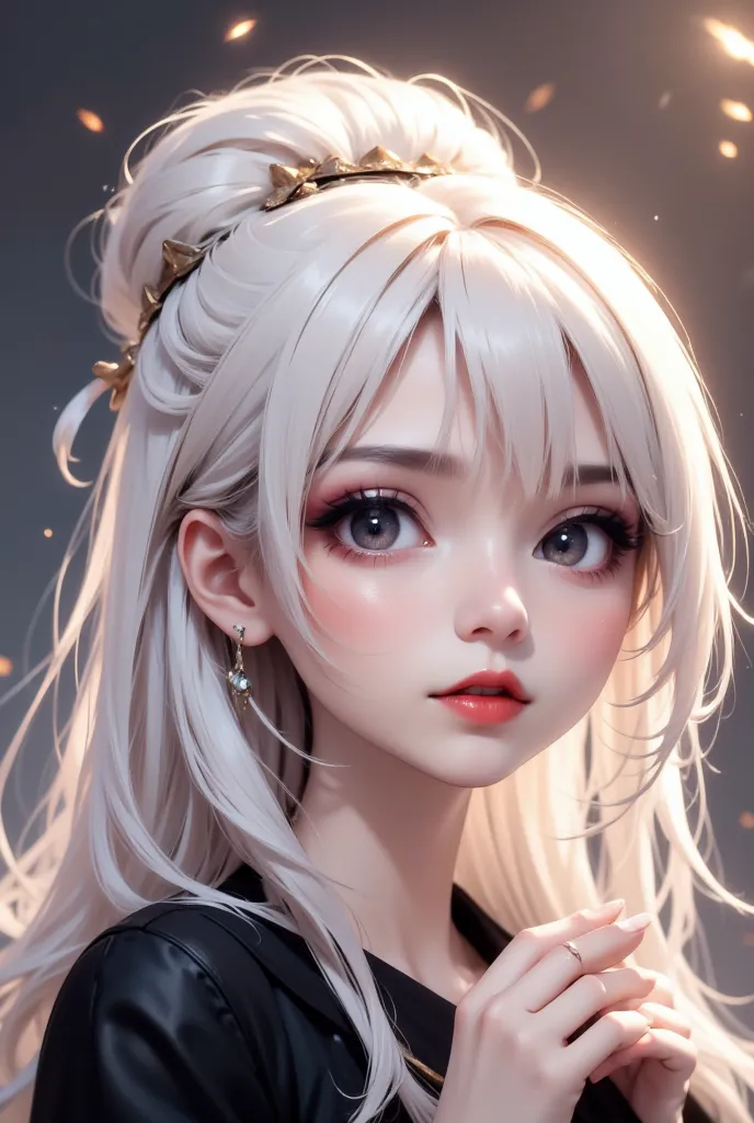 chibi character, big head, full body, cool beauty teacher, white shiny silky disheveled half updo, make up, captivating big roun...