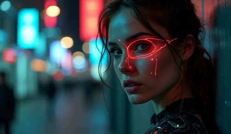 a beautiful russian girl on the right side of the picture, cleavage, dark cyberpunk city background, half of her face shows glowing wires like a terminator