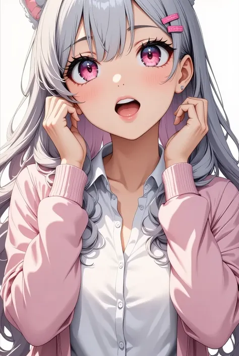 Long Hair, Grey Hair, Pink inner hair,  open your mouth, smile, panic,  illustration where pupils dont overlap with lower eyelashes,  The lower half of the eye is white  ,  hollow eyes, Pink Eyes, Larger clothes,  sleeves are longer than wrists, ,  Pink Ca...