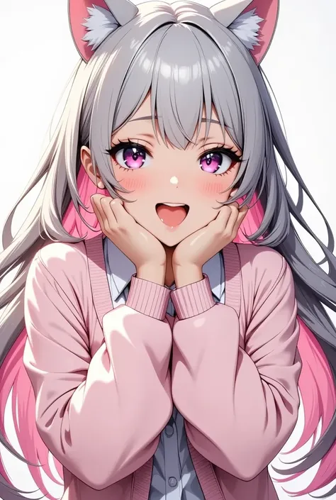 Long Hair, Grey Hair, Pink inner hair,  open your mouth, smile, panic,  illustration where pupils dont overlap with lower eyelashes,  The lower half of the eye is white  ,  hollow eyes, Pink Eyes, Larger clothes,  sleeves are longer than wrists, ,  Pink Ca...