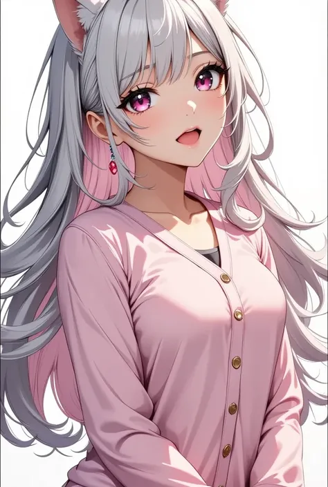 Long Hair, Grey Hair, Pink inner hair,  open your mouth, smile, panic,  illustration where pupils dont overlap with lower eyelashes,  The lower half of the eye is white  ,  hollow eyes, Pink Eyes, Larger clothes,  sleeves are longer than wrists, ,  Pink Ca...