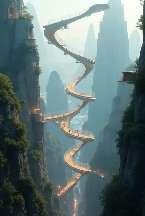 Fine transparent road tunnel in vertically ascending spirals connecting a futuristic aerial city to a terrestrial medieval city