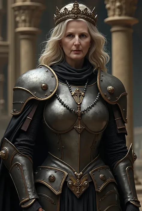  musculoskeletal々Beautiful Mature Woman , Wears Medieval Plate Armor ,Black Cape,  Wears a simple and imposing wide-brimmed crown, Rosary for Necklaces , Catholic, Carrying a sword, Very Cool Beauty 
