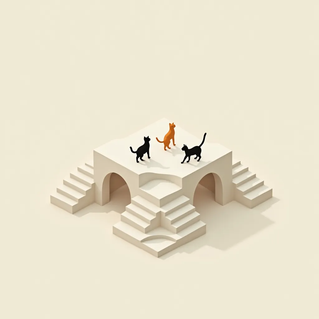 staircase that combines both ends together into a square. isometric view. minimalistic. three cats are walking on it.