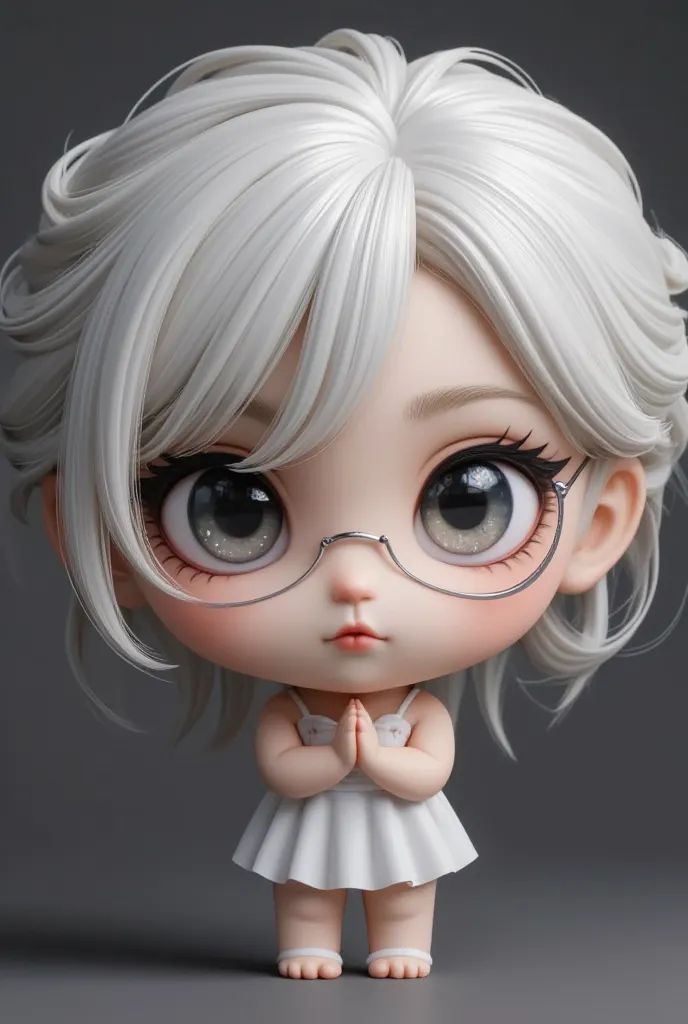 chibi character, big head, full body, cool beauty teacher, white shiny silky disheveled half updo, make up, captivating big roun...