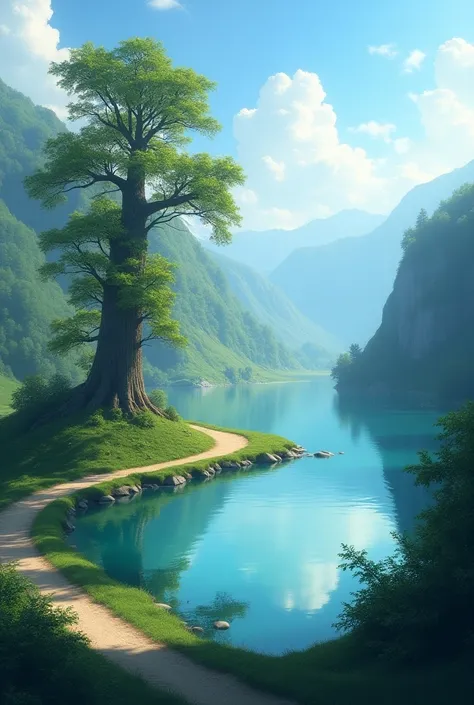 lake, road size tree scenery real image 