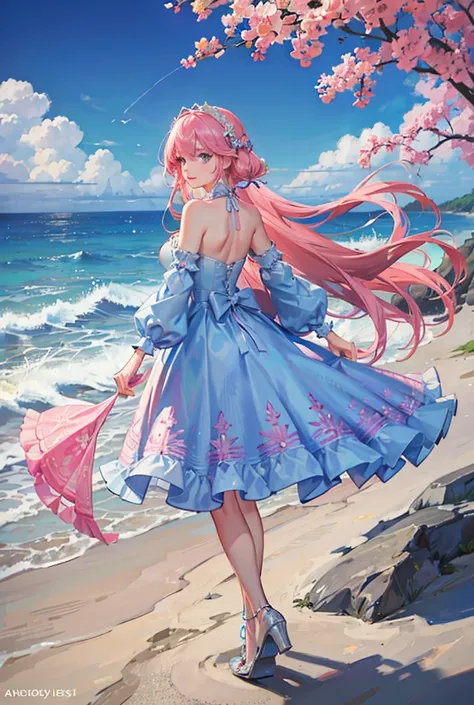 Beautiful,long pink hair, light blue eyes, (wear a short blue strapless dress decorated with intricate fabrics and patterns.). smiling,standing at the beach.