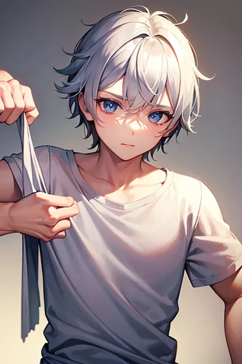 boy wearing silver t-shirt and loincloth, ((beautiful detail eyes)), (soft), ((best quality))