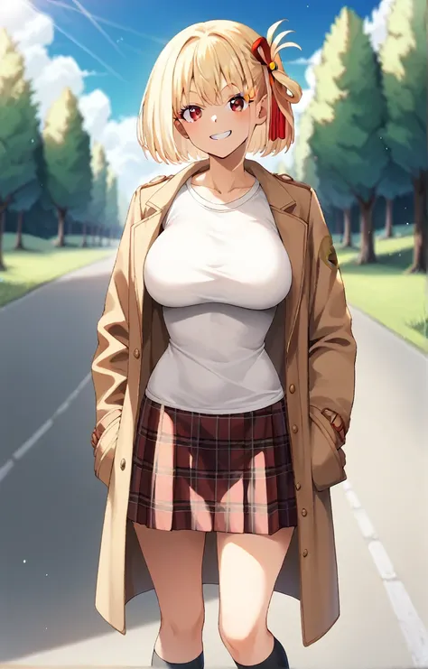 chisato nishikigi, short hair, bangs, blonde hair, red eyes, hair ribbon, one side up, bob cut, 1girl, smile, large breast, white t-shirt, long coat, checked skirt, high knees socks, outdoor, bulding, road, sky high, solo, masterpiece, ultra-detailed, high...