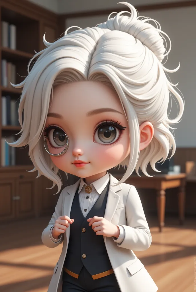 chibi character, big head, full body, cool beauty teacher, white shiny silky disheveled half updo, make up, captivating big roun...