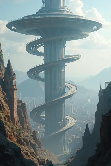 Aerial futuristic city connected to a medieval terrestrial city by a transparent road tunnel in vertically ascending spirals