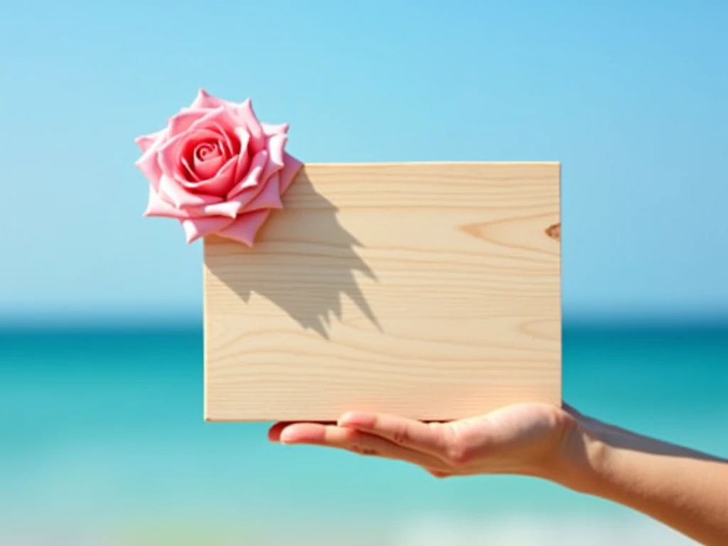 Generate Image： holding a large blank block of light colored wood in one hand ，Smooth surface。 The upper left corner of the block is adorned with a beautiful real pink rose， The background is a blue sky ，The blue ocean ， The picture is bright and clear 。