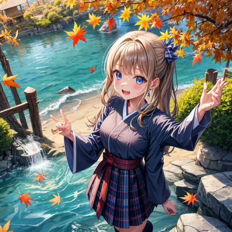 Chestnut Hair、 blue eyes、Hair tied up、Two cute、 plaid mini skirt 、 BLACK T-SHIRT、 Long Sleeve 、kimono、striped high socks、Teeth are visible、lawn、The stone is cracked、Uneven ground、The road is curved、Diamond Earrings、View from above、Large autumn tree、Mountai...