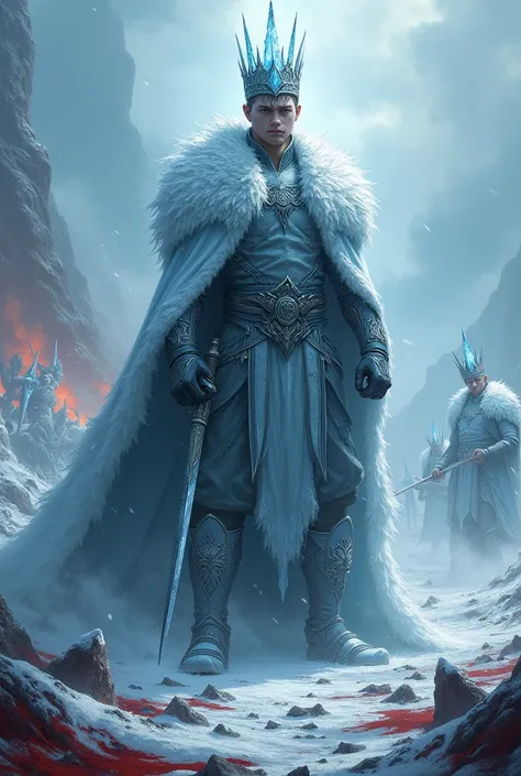 Create a young ice king wizard, To use as Discord users Shadow Man logo, Bloody war scenario 