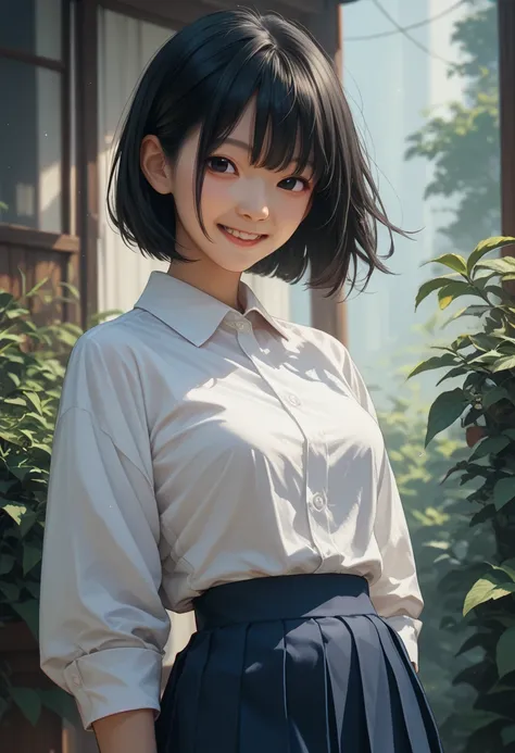 Asian,black hair,bob cut,black eyes,medium breasts,white dress shirt,dark blue skirt,pleated skirt,smile,upper body