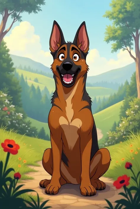 Create a fanart of Steban Eveler the mixed malinoi sand german sherped dog from No Northvember from Skailla in a 2D Disneys style. He has dark brown ears and light brown chest