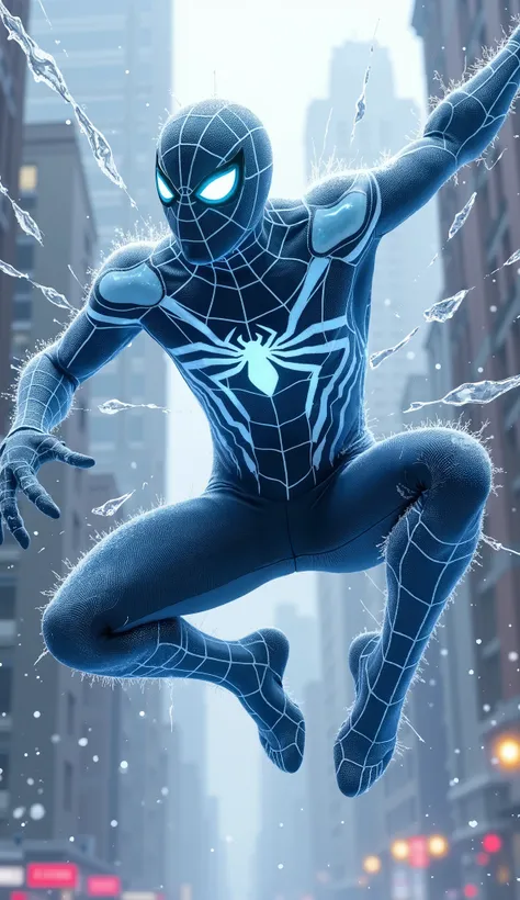  A full-body shot of Spider-Man in an icy-blue suit with glowing frost patterns and translucent ice armor. He swings through a frozen cityscape, with webs made of ice trailing behind him. The full body is visible, showing the detailed webbing and frosted s...