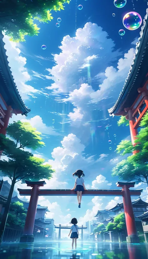 (   Highly detailed CG integrated 8K wallpapers) (top-quality),       No people are depicted。   fantastic anime-style scene 。In the rainy city、 A boy standing in front of the torii gate looks up at the sky 、 there is a girl floating in the water 。 there is...