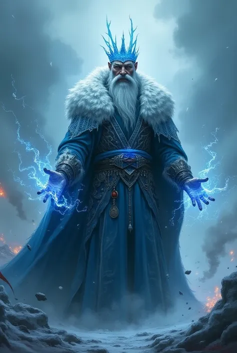 Create a young ice king wizard, To use as Discord users Shadow Man logo, Bloody war scenario ( Focus from the chest up 