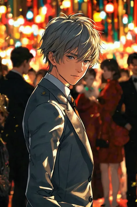 (masterpiece), (high quality), , a young man aged 45 looks very good , with blond hair, in a beautiful grey suit, waiting for his woman at a New Years party, everyone around him is looking at him, you can see the whole figure , looks at us