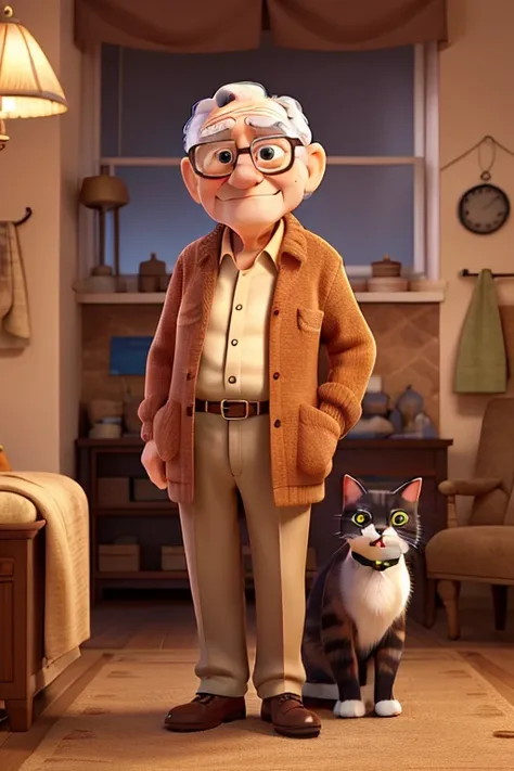 grandpa with glasses　The cat is coming



