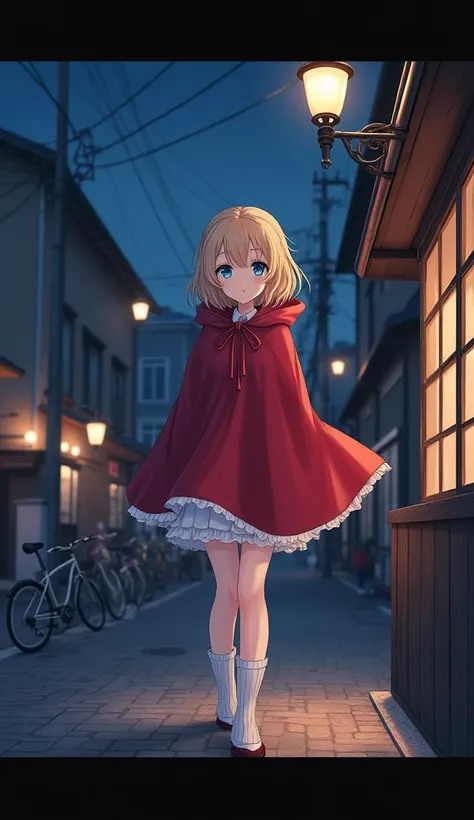 masterpiece, Best Quality,  Hi-Res,  very detailed,((( blonde pretty girl))), ((( Japanese Anime ))), ((( short hair))), (((Little Red Riding Hood))), ((( white high socks ))), ((( standing on the veranda))), (((Streetscape))), (((There is a kiosk undernea...