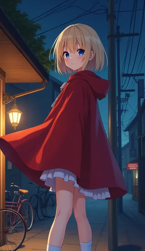 masterpiece, Best Quality,  Hi-Res,  very detailed,((( blonde pretty girl))), ((( Japanese Anime ))), ((( short hair))), (((Little Red Riding Hood))), ((( white high socks ))), ((( standing on the veranda))), (((Streetscape))), (((There is a kiosk undernea...