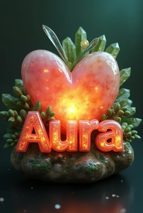 An captivating 3D Logo illustration of the name "AURA written below it. crafted to resemble mesmerizing crystals. The lettering is adazzling blend of pink, Orange, and green hues, with smooth transitions from deep orange to radiant reds and pinks. Delicate...