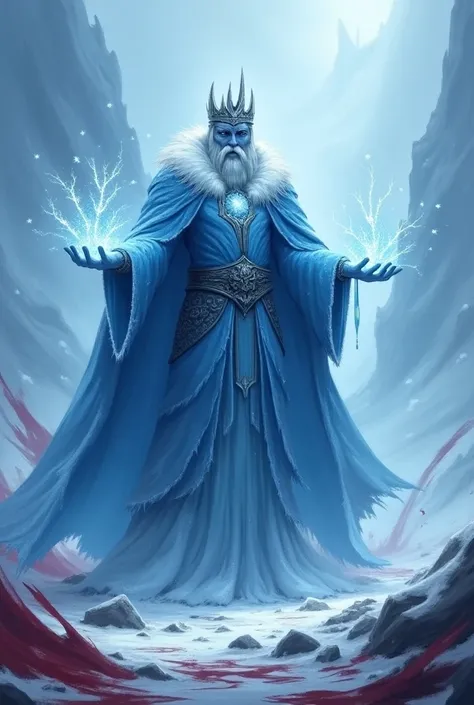 Create a young ice king wizard, To use as Discord users Shadow Man logo, War scenario with deep blood from war 


