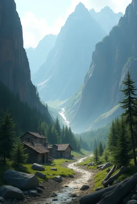  Create an image of a remote, secluded valley surrounded by towering, rugged mountains. At the base of the mountains, show a tiny village with simple, rustic houses made of wood and stone.The valley is blocked by a massive landslide, with fallen trees, lar...