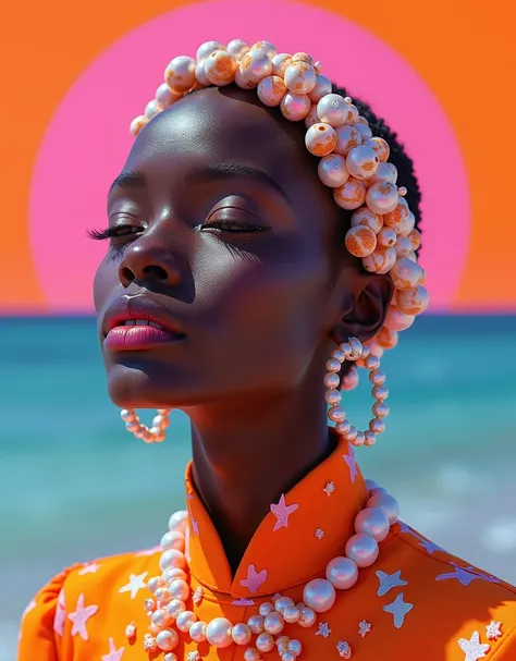 Precisionist digitally crafted art of an neon-hued lip, Dolly kei and love-inspired nuances fused,jewellery ,  with heart-accentuated humor, fine balanced overlap pasted onto a contrasting orange hot pink backdrop, enlivened by retro filters manipulation, ...