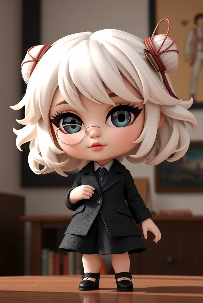 chibi character, big head, full body, cool beauty teacher, white shiny silky disheveled half updo, make up, captivating big roun...