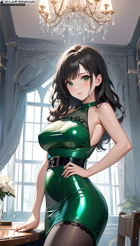 (The image is a digital illustration of a young woman posing in a luxurious room. She is wearing a green latex dress with a halter neckline and short sleeves. The dress is cinched at the waist with a black belt. She has long dark hair styled in loose waves...