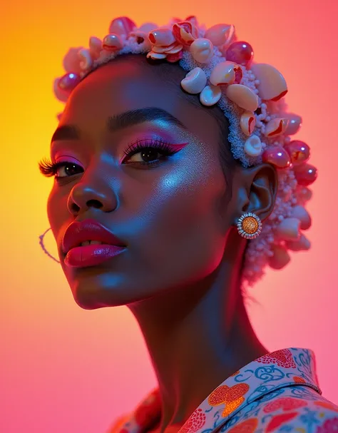 Precisionist digitally crafted art of an neon-hued lip, Dolly kei and love-inspired nuances fused,jewellery ,  with heart-accentuated humor, fine balanced overlap pasted onto a contrasting orange hot pink backdrop, enlivened by retro filters manipulation, ...