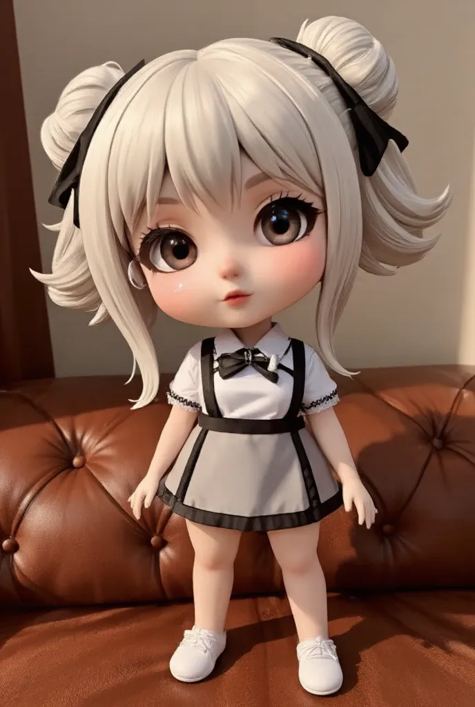 chibi character, big head, full body, cool beauty teacher, white shiny silky disheveled half updo, make up, captivating big roun...