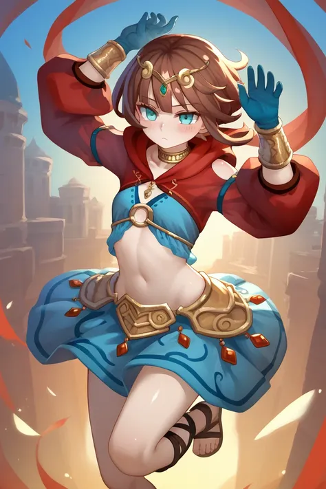 masterpiece,Ultra HD, 1girl, ((young)),solo, small, petite, aqua eyes, brown hair,((())),blush,sexy, hot,blue_skirt, blunt_bangs ,bracer circlet  ,floating_hair, gold_trim, harem_outfit,  long_sleeves, neck_ring ,puffy_long_sleeves, puffy_sleeves ,skirt ,s...