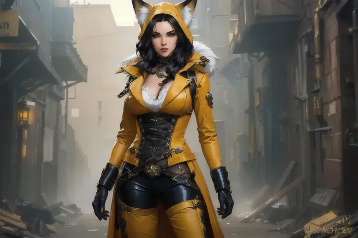 a woman in a yellow coat and black pants standing in a alley, full body, fantasy leather clothing, steampunk superhero, female rouge assassin, wearing fox woman uniform, loba andrade from apex legends, steampunk clothes, full-cosplay, glamourous cosplay, b...