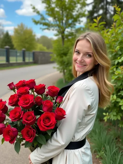 To create a similar picture, you can use the following promt.:

>  A woman with a bouquet of bright red roses is standing outside against a background of green foliage . She is wearing a light jacket ,  in the background and a slight smile on her face .  T...