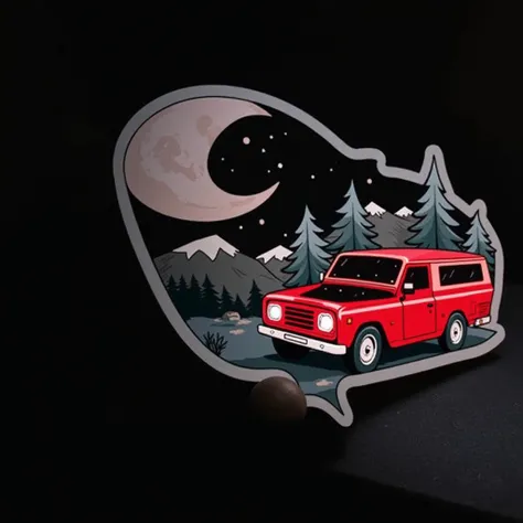 Change the background of the photo to a camping landscape and make it look like a logo sticker