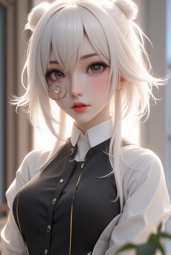 chibi character, big head, full body, cool beauty teacher, white shiny silky disheveled half updo, make up, captivating big roun...