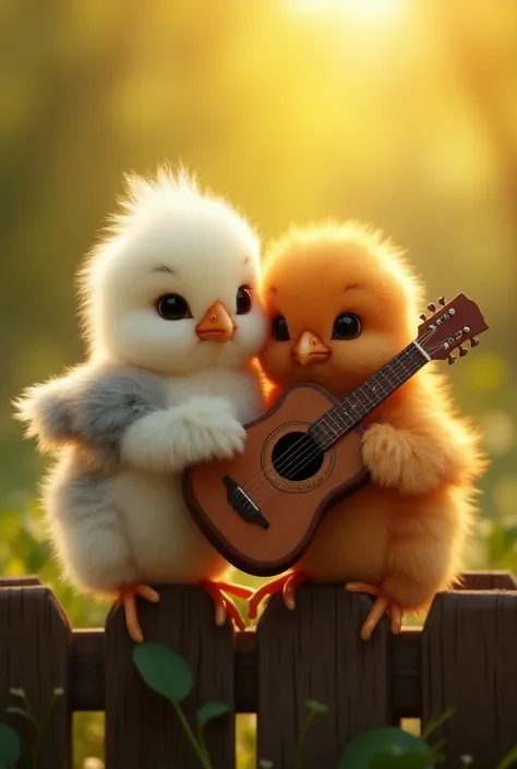 "A close-up shot of two fluffy baby chicks huddled together on a wooden fence. The light from the setting sun casts a warm glow on their downy feathers. One chick is white with a few grey patches, while the other is a reddish brown. They are both looking o...