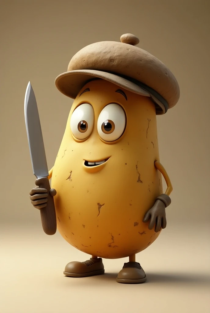 A animated pattato bearing a circular cap and it has beared on his faceand have a knife in his hand 