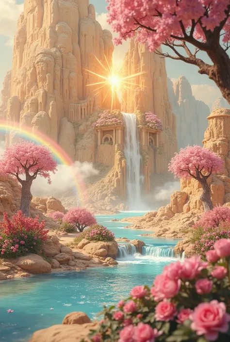 middle East、11 The city was enveloped in the glory of God、Shining like a jewel、Like Jasper〔Like crystal〕It was crystal clear.。Israel- Fantastic - Painting Style Waterfall Soft painting style Brightly colored Bright light a wonderful heavenly garden, rainbo...