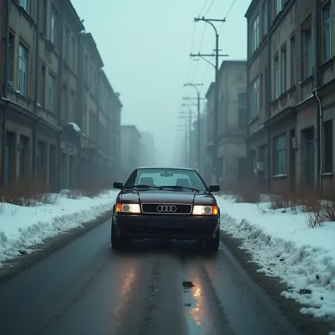 dark brown 1993 Audi 80 car driving through gloomy urban outskirts in winter, 90s era, photorealistic, cinematic lighting, intricate details, dramatic atmosphere, muted color palette, overcast sky, snow on ground, abandoned buildings, moody, realistic, 8k,...